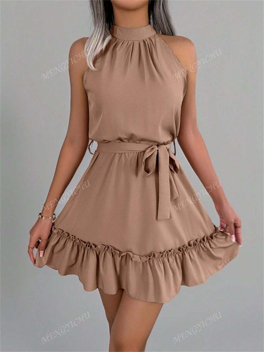 Vestido casual de cuello halter con cintura atada, volantes en el bajo y unicolor caqui para primavera/verano