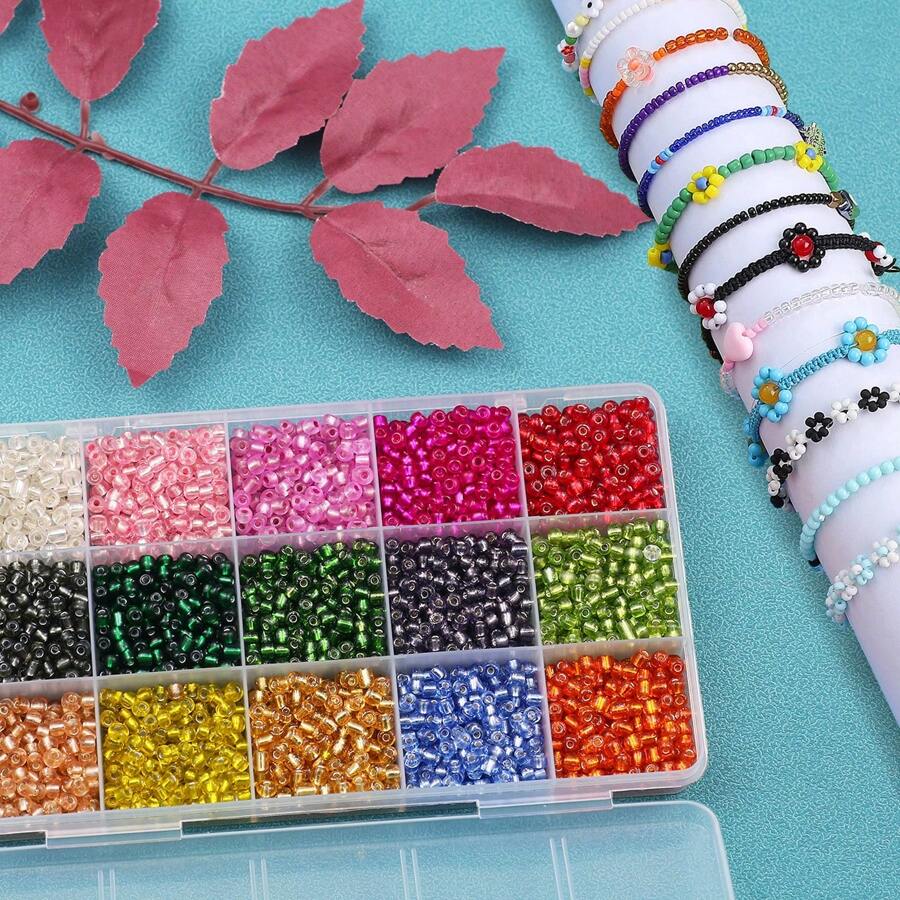 Juego de 2/3/4mm 15 colores de cuentas de cristal pequeñas, 12g por compartimento, cuentas de cristal sueltas para la fabricación artesanal de joyas DIY, pulseras, collares, aretes, anillos + juego de 6 piezas de herramientas