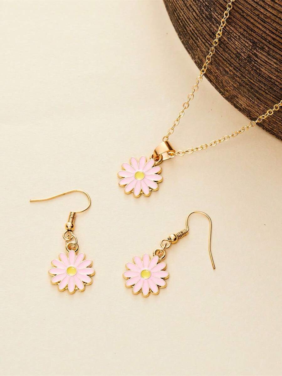 Set de 3 piezas: Collar con colgante de flor de margarita chapada en metal, pendientes minimalistas, conjunto de joyería de moda para niñas y amigas