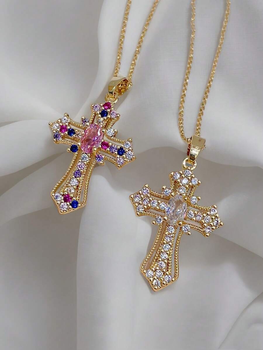 1pc Luxury Creative Crystal Cross Pendant Necklace, Suitable For Women's Daily, Festival And Party Wear