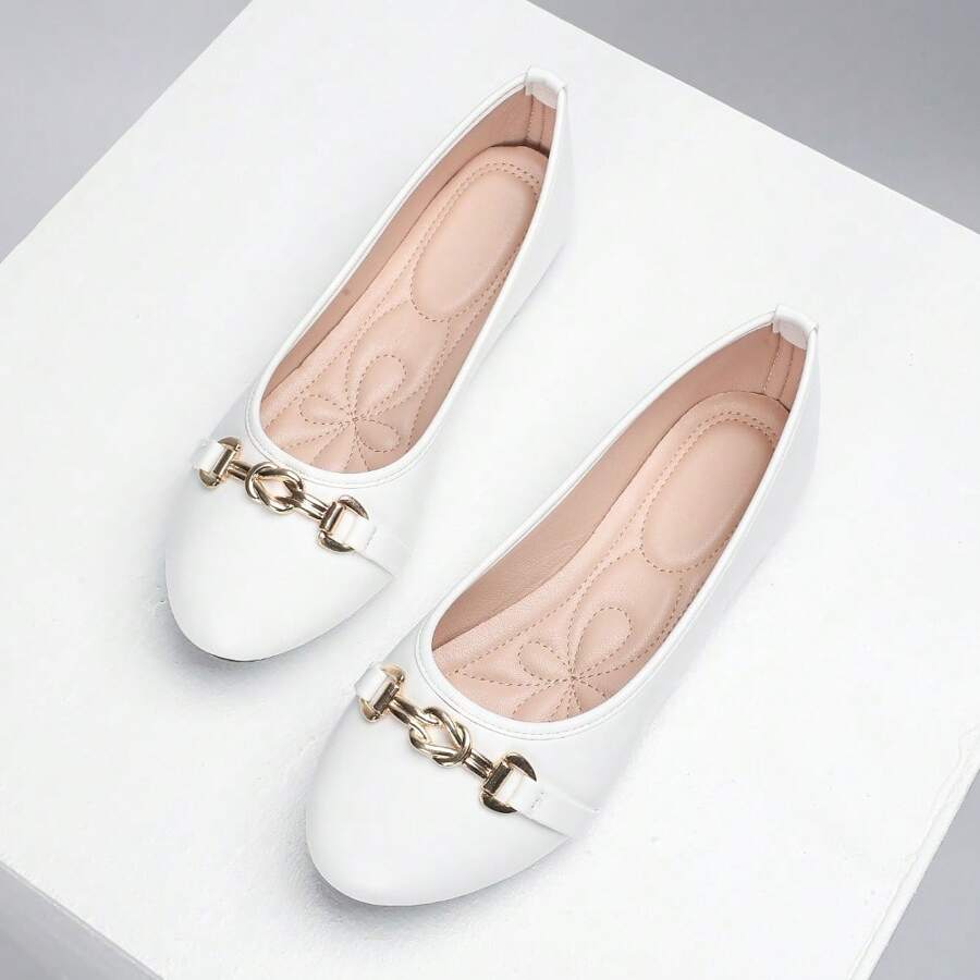 OMS Women's Black Flat Shoes, Low Vamp Loafers, Thin Fashionable Sexy Square Buckle Versatile Slip-On Shoes, Round Toe, Soft Sole, Suitable For All Seasons