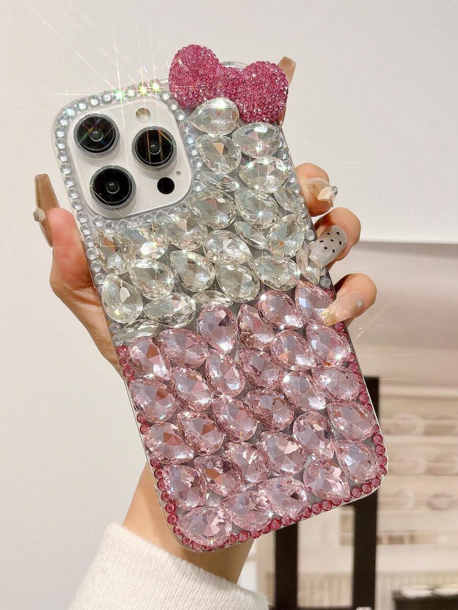Étui de protection de téléphone en TPU de luxe brillant avec patch de strass, design nœud papillon rose minimaliste et élégant, compatible avec iPhone 11/12/13/14/15/16/Pro Max