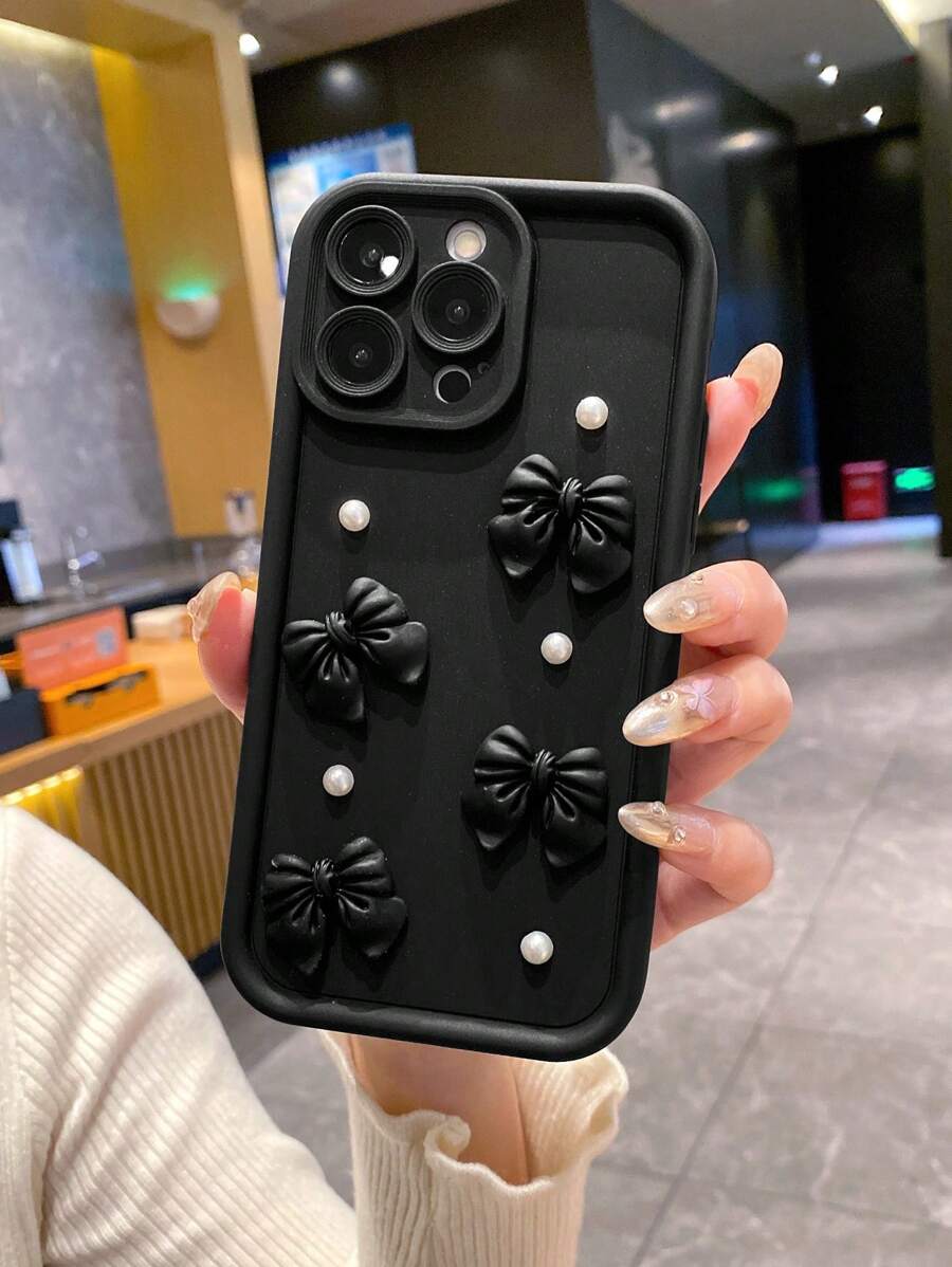 1pc Cute 3D Pink Bow Faux Pearl Protective Phone Case Suitable Compatible With Apple 16/16PRO /16E/ 15 14 13 12 Pro Max Plus 11/ XR, Anti-Drop Phone Cover For Women