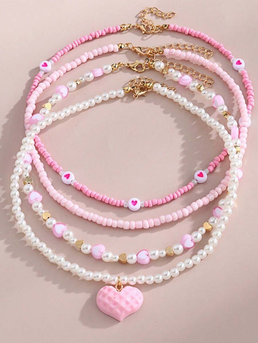 4pcs/Set Handmade Pink Heart & Butterfly Pearl Bead Necklace, Suitable For Children Girls Everyday Wear
