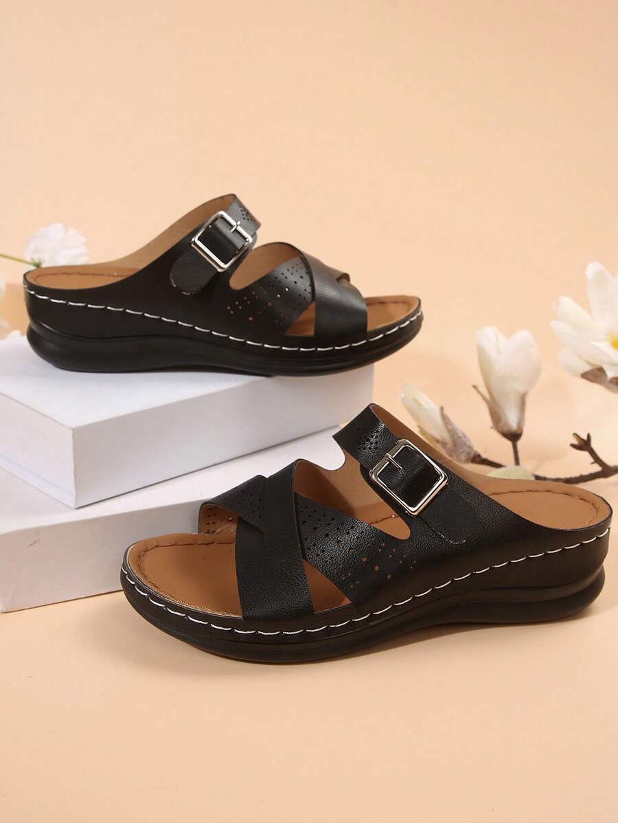 Ladies Summer New Black Platform Thick Sole Sandals, Criss-Cross Strap, Metal Buckle, Hollow-Out, Breathable Mesh Uppers, Comfortable & Sexy, Casual Vacation Fashion Versatile Sandals. High Quality Leather, Retro European & American Style Sexy Multi-Color Criss-Cross Strap Peep Toe Platform Thick Bottom Sandals, Lightweight Slip-On, Enhanced Stitching Craftsmanship, Casual Vacation Beach Sandals For Women