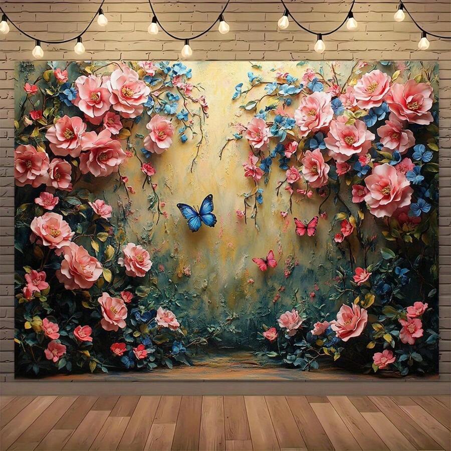 1 pieza Fondo de corona de poliéster con mariposas, luz amarilla suave, apto para decoración de entrada, habitación, jardín, adecuado para cumpleaños, eventos primaverales