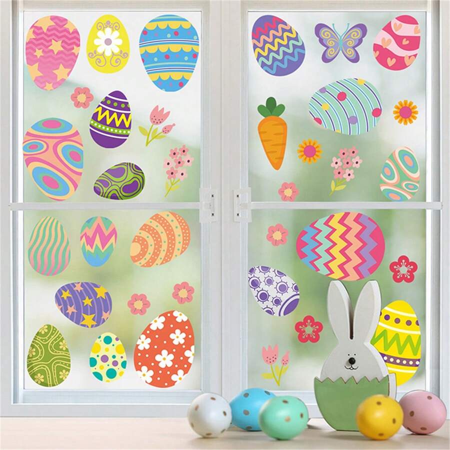 A Set Of 2 Sheets Of Paper (35 Stickers), Easter Electrostatic Window Stickers, Double-Sided Easter Egg Window Decoration, Holiday Window Decoration Stickers, Easter Decoration, DIY Handmade Home Decoration Electrostatic Stickers.