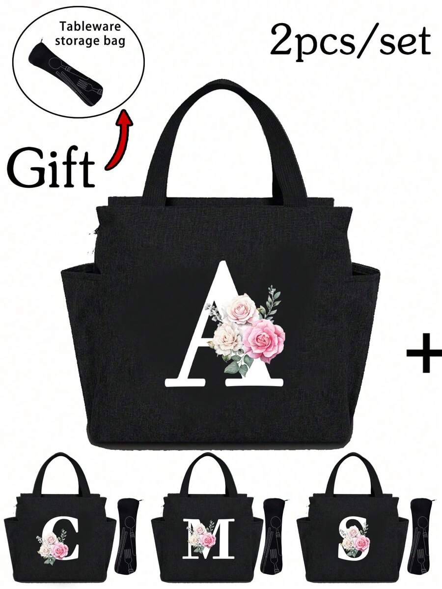 White Letters A~Z Printed With Flowers Lunch Bag For Women Men,With A Black Cutlery Storage Bag, Leakproof Insulated Soft Large Lunch Cooler Bag - Reusable Lunch Bag ,Solid Color Tableware Storage , Leak-Proof Portable Fabric Tableware Bag