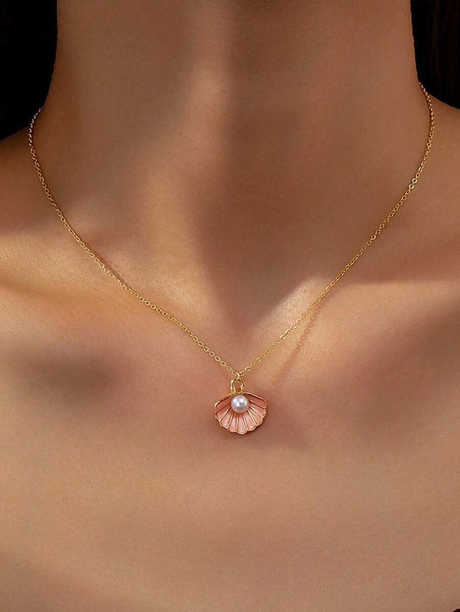 1 Pc Summer Vocation Beach Shell Faux Pearl Delicate Pendant Necklace For Women