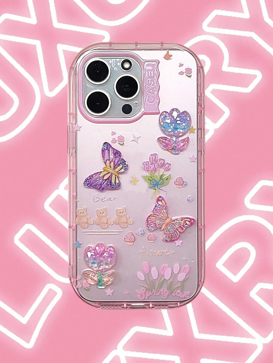 Koreaanse schattige 3D vlinderbloemen telefoonhoesje compatibel met iPhone 15 14 13 12 11 Pro Max Plus Lente mode doorzichtige beschermende hoes