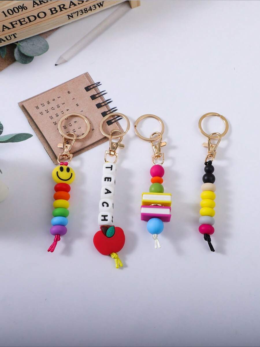 1pc Abacus, Smiling Face, Apple, Book Silicone Beaded Keychain, Women Backpack Pendant Accessory, Back To School, Teacher's Day Gift