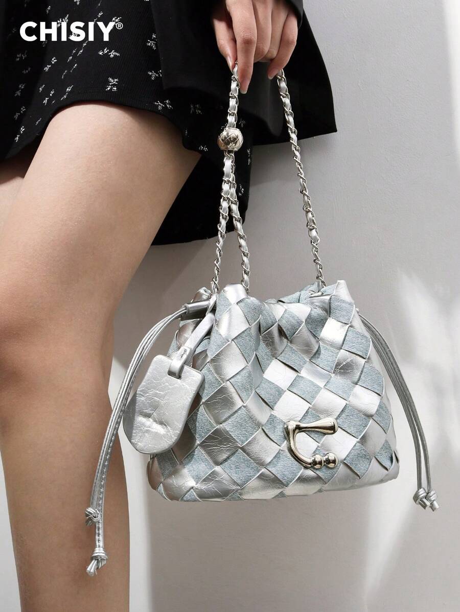 CHISIY Handmade Fashion Patchwork Color Block Chain Decor Elegant Blue Fabric Bucket Bag, Multi-Purpose Versatile Small Women Handbag, Suitable For Office, Shopping, Music Festival, Wedding, Daily Gathering, Travel, Shoulder Bag