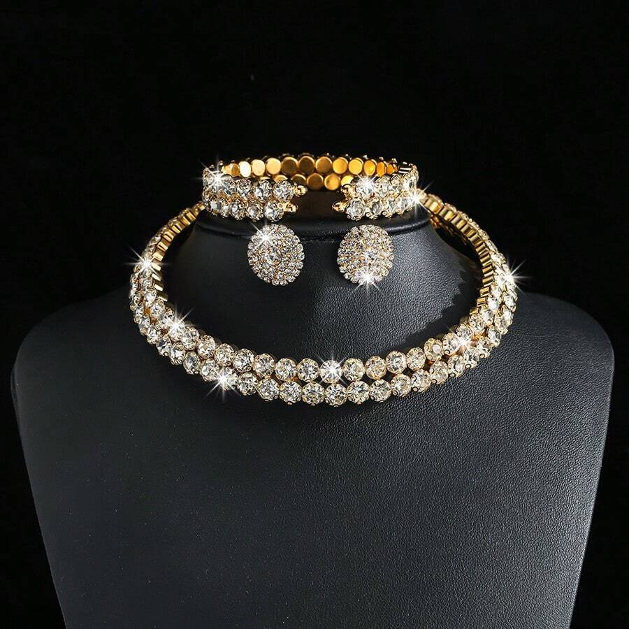 1 set Collier de mode, 1 paire de boucles d'oreilles, 1 bracelet - Collier, boucles d'oreilles et bracelet en ensemble de bijoux multi-couches et multi-rangs entièrement ornés de cristaux