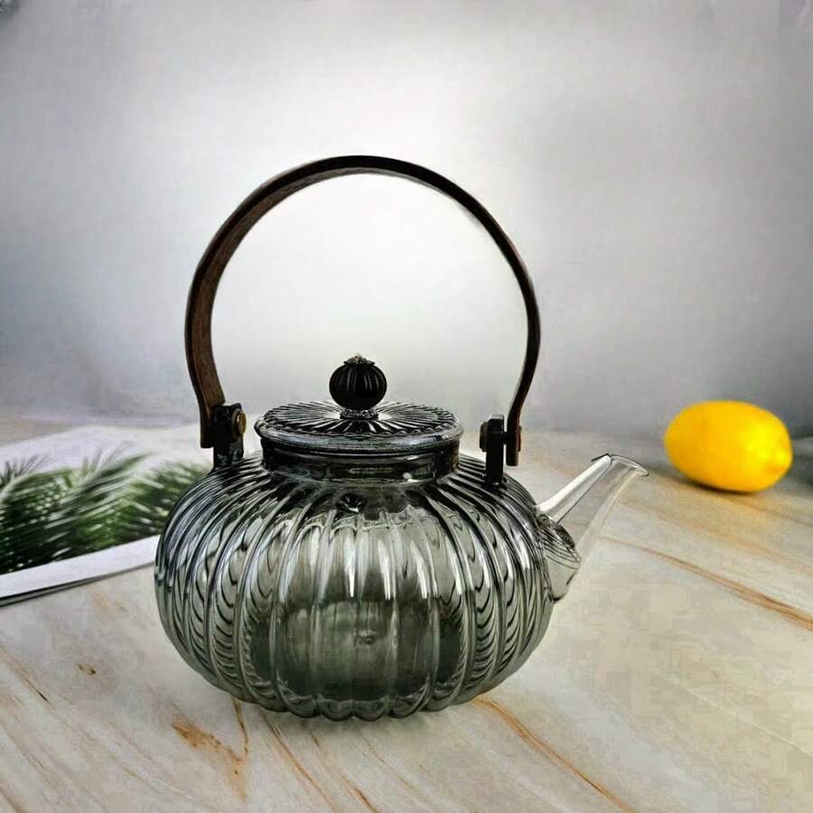 1pc Glass Teapot Smoky Grey Glass Boiling Teapot Brewing Teapot Glass Teapot With Tea StrainGlass Teapot With Wooden Handle Beam Kettle Suitable For Electric Clay Stove Glass Teapot Kitchen Office Supplies