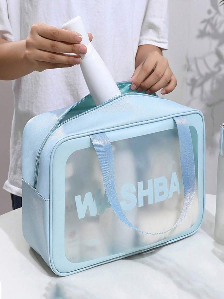 1 pièce Sac de maquillage en PVC bleu transparent, grande capacité, sac de toilette étanche, organisateur de voyage portable pour femme, pour vacances, plage, salle de bain, chambre, grande capacité