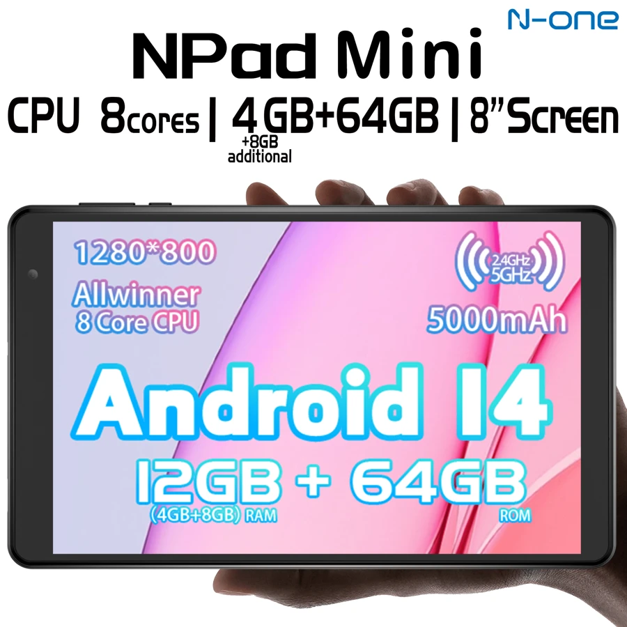 N-one NPAD Mini Android 14 N-One Tableta | CPU Allwinner de 8 núcleos (2,0GHz) | 4GB LPDDR4 + 64GB ROM | Pantalla táctil 8" 1340*800 | WIFI5 2,4GHz + 5GHz (sin LTE) | Batería 5000mAh | Puerto Tipo-C | Cámara 5MP + 5MP