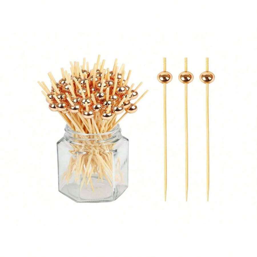 200/100/50/20pcs Metallic Golden Pearl Skewers, Avoid Hand-Holding Food, Elegant Highly Attractive Fruit Picks, Food Picks For Cakes, Burgers, Suitable For Weddings, Parties, Gatherings, Afternoon Tea, Desserts
