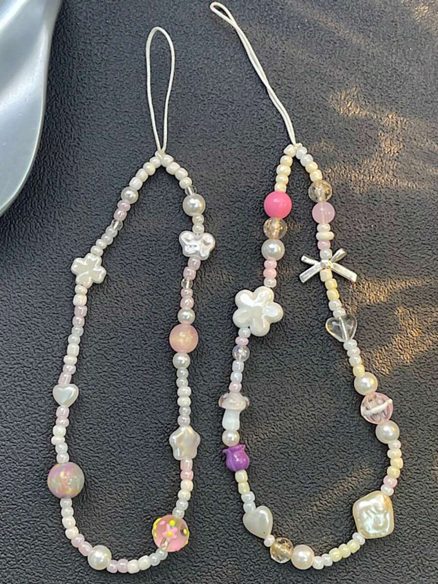 Colorful Beaded Lanyard With Heart & Flower Charm For Women, Short Wrist Phone Strap
