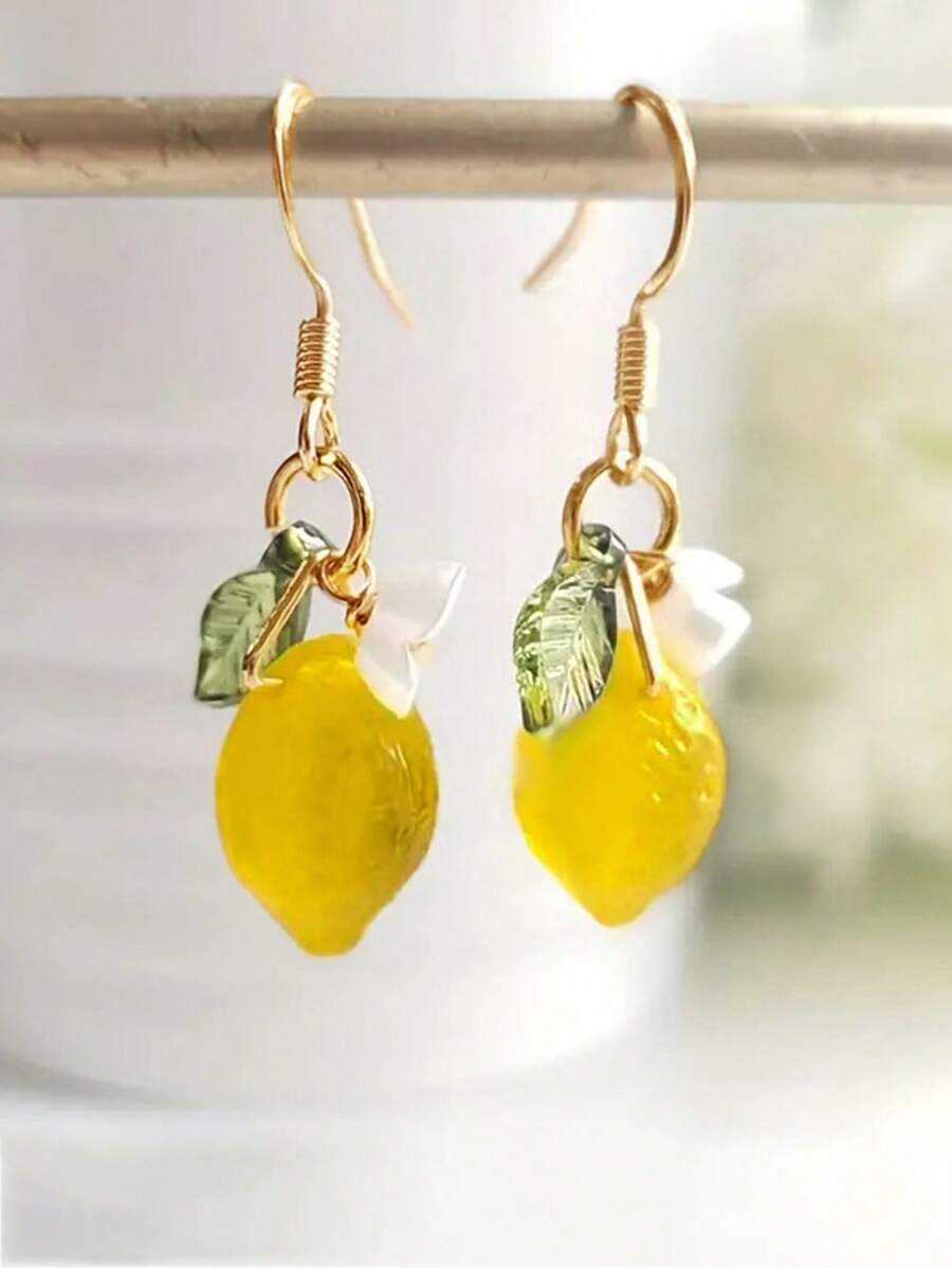 2 Pcs Original Summer Style Sweet Resin Yellow Green Lemons Flowers Dangle Earrings For Women Daily Wear