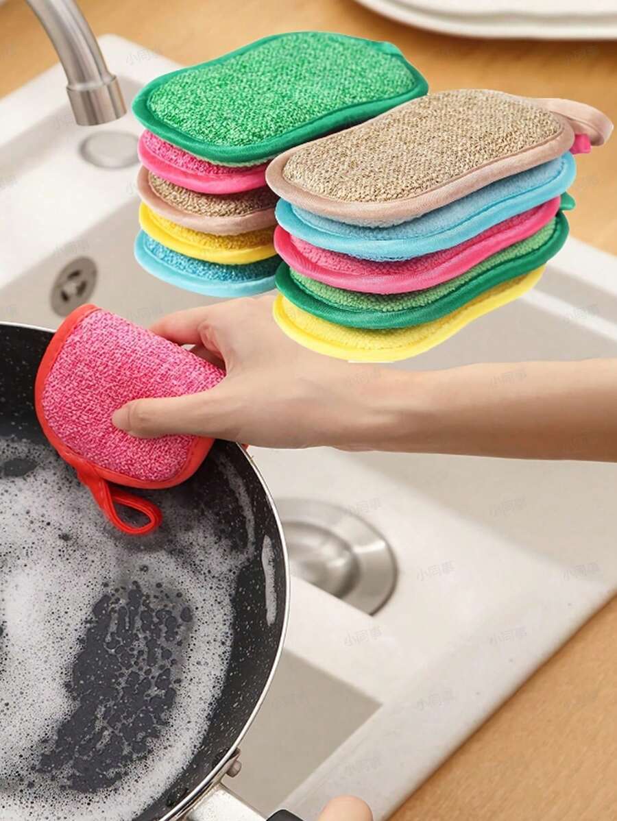 10 pièces d'éponges microfibre de cuisine colorées, tampons de nettoyage en acier inoxydable réutilisables à double face, brosses de nettoyage douces pour casseroles et cuisinière, styles et couleurs aléatoires