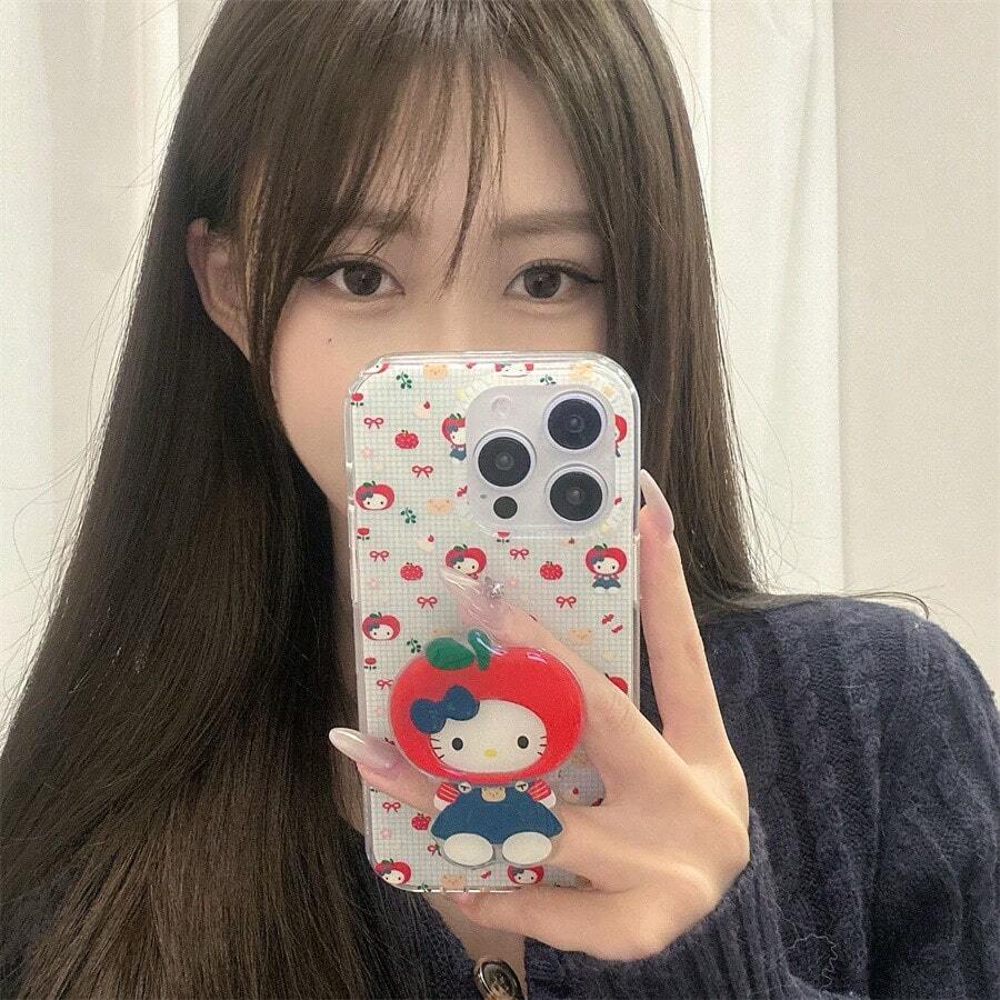 Sanrio 2 sztuki japońskiej kreskówki słodkie kratki czerwony kot jabłkowy kotek z podstawką kompatybilny z 16 Pro Max, 15 Pro Max, 14 Pro Max, 13 Pro Max, pełne silikonowe etui ochronne na telefon