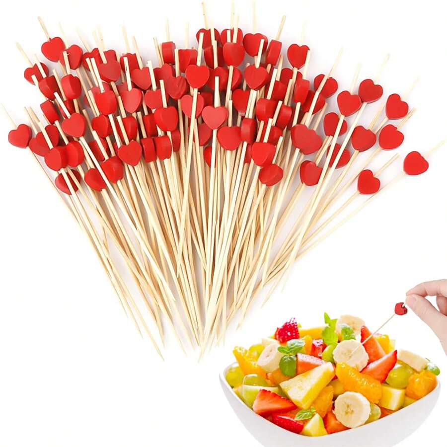 200/100/50/10 pièces Cure-dents cocktail en forme de cœur, brochettes de cocktail de 4,7 po, bâtonnets d'amuse-gueules en bambou en forme de cœur rouge, cure-dents à fruits de cocktail pour mariage, Saint-Valentin, fête d'anniversaire