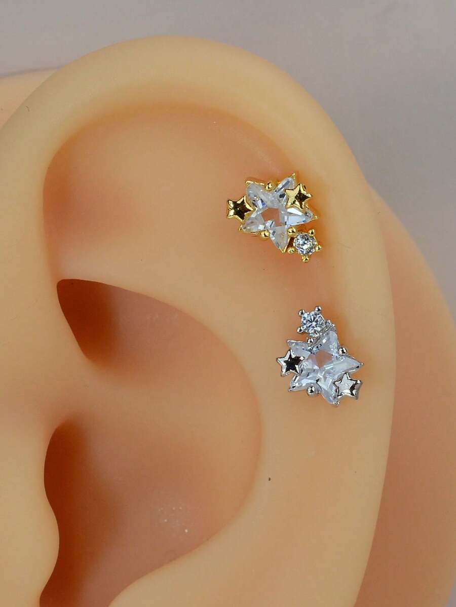 1Pc Stainless Steel Crystal CZ Star Studs Earrings For Women Men Helix Tragus Cartilage Rook Flat Lobe Conch Anti Tragus Piercings Jewelry