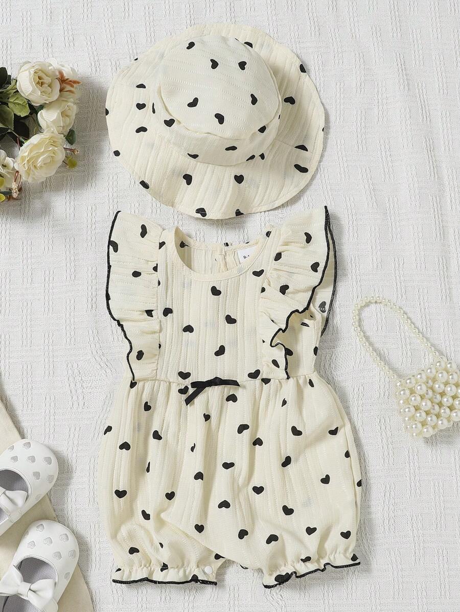 Baby Mädchen Herz Muster Flatterärmel Romper Body mit kleinem Hut, Apricot & Schwarz, Frühling/Sommer