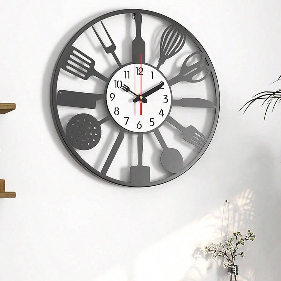 Creative Kitchen Utensil Silhouette Decorative Wall Clock, Unique Knife & Fork Pointer Iron Art Fashion Timer, Silent