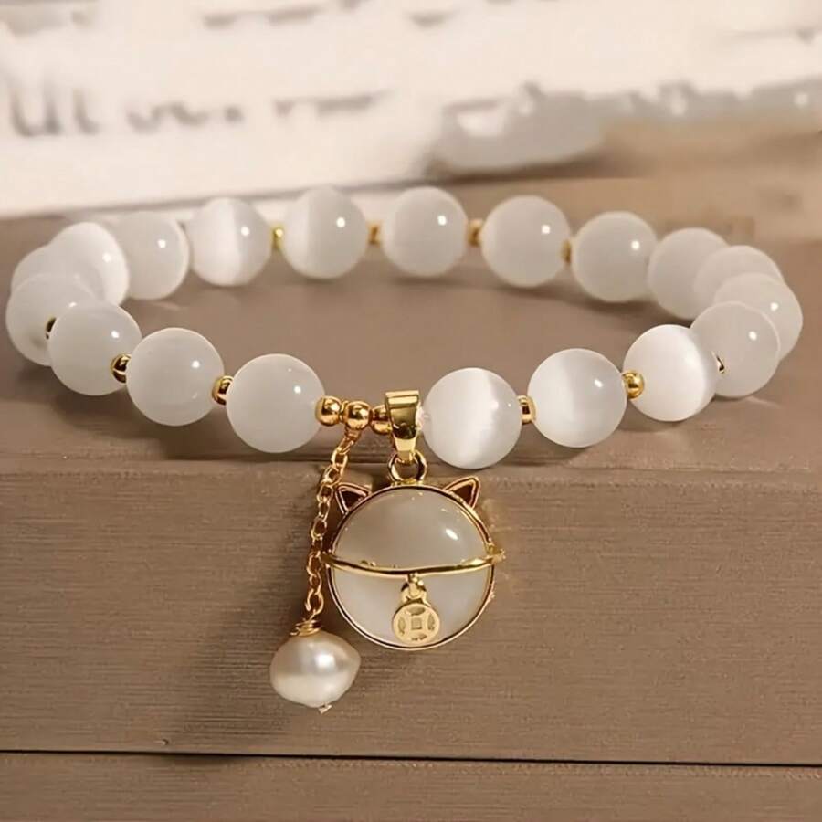 1 pièce Élégant bracelet perles d'opale avec pendentif chat - Chic blanc et doré, cadeau parfait pour les femmes, bijou polyvalent pour le port quotidien et les fêtes