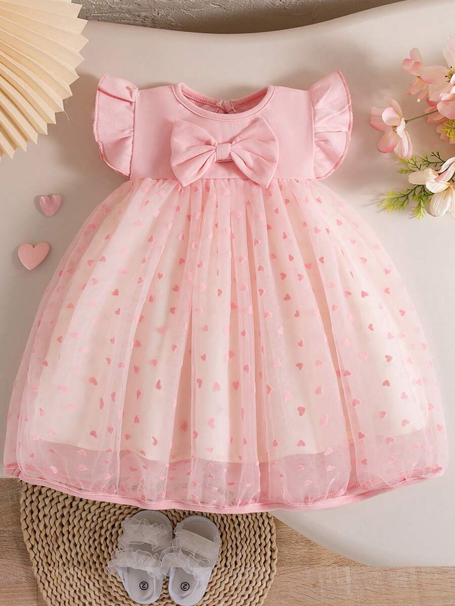 Vestido de princesa de punto rojo para bebés niñas con cuello redondo y volantes de malla, decoración con lazo lindo, para verano, fiesta de cumpleaños