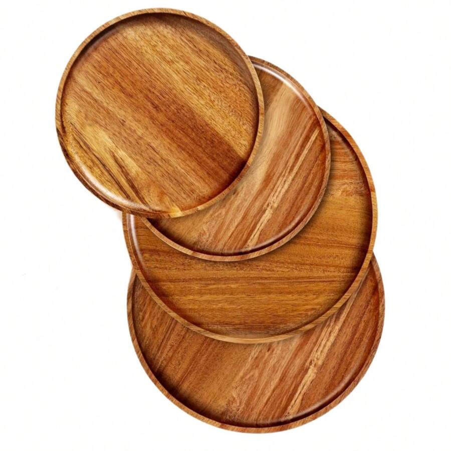 Bandeja de madera de acacia, tabla de cortar redonda para charcutería, plato de aperitivos, fuente para quesos, apta para alimentos, ensaladas, aperitivos, galletas, filetes, pasteles, hamburguesas, decoración de mesa de cocina