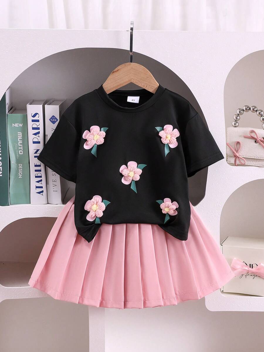 2pcs/Set Young Girl' Adorable 3D Floral Short Sleeve T-Shirt And Pleated Mini Skirt Set, Summer