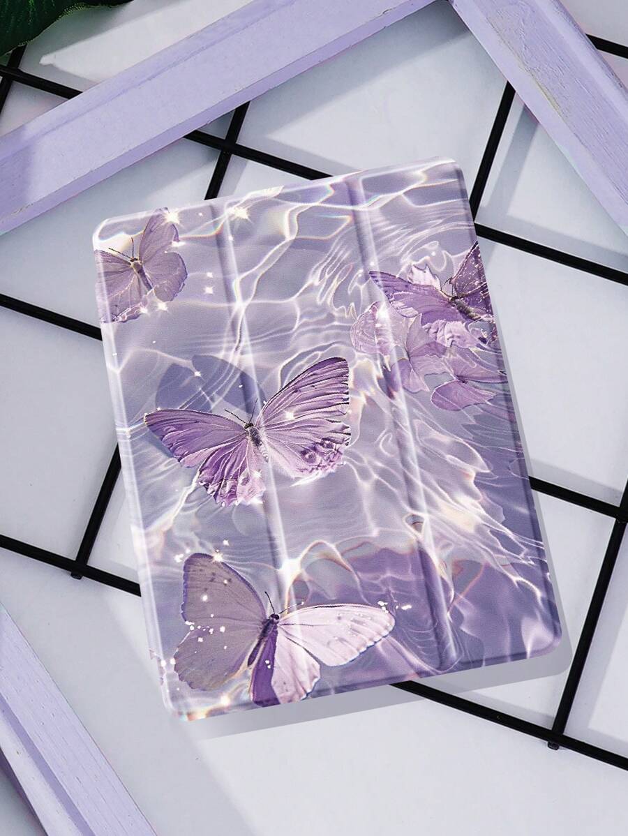 1pc Purple Glitter Butterfly Pattern Tablet Protective Case, Compatible With IPad 10.2", IPad Pro 2021/2020, IPad 9th/10th Gen, Galaxy Tab A8 10.5" 2022, Matepad 10.4", Tab, Anti-Drop, With Pencil Slot, Support Sleep/Wake Function