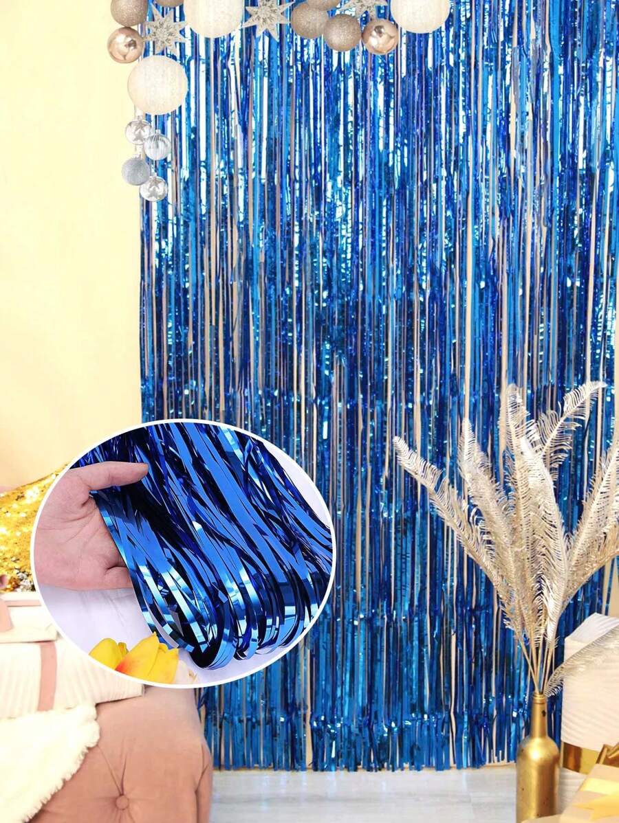 1 pieza Cortina con flecos azul de 2M*1M, Rollo de cortina de lluvia de PET para decoración de fondo de fiesta de cumpleaños y boda