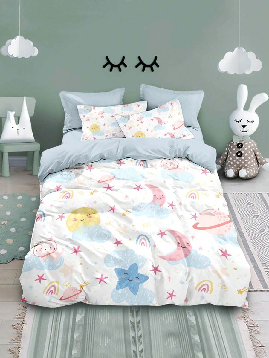 4pcs/Set Cartoon Cute Blue Tone Planet Series Bedding Set Including 1pc Duvet Cover, 2pcs Pillow Shams, 1pc Flat Sheet, Without Comforter And Pillow Inserts, Soft Fabric With Star, Moon, Rainbow, Cloud Patterns, Suitable For Kids & Adults Bedroom, Hotel, Dorm Room Decor