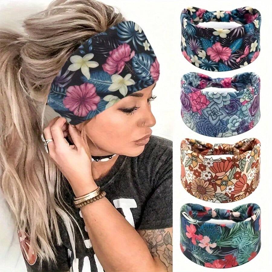 1/4 Stücke Boho-Stil elastische breite Stirnbänder, Blume Muster Sport Haarband, Frühling/Sommer, Haarzubehör, Turban Stirnband