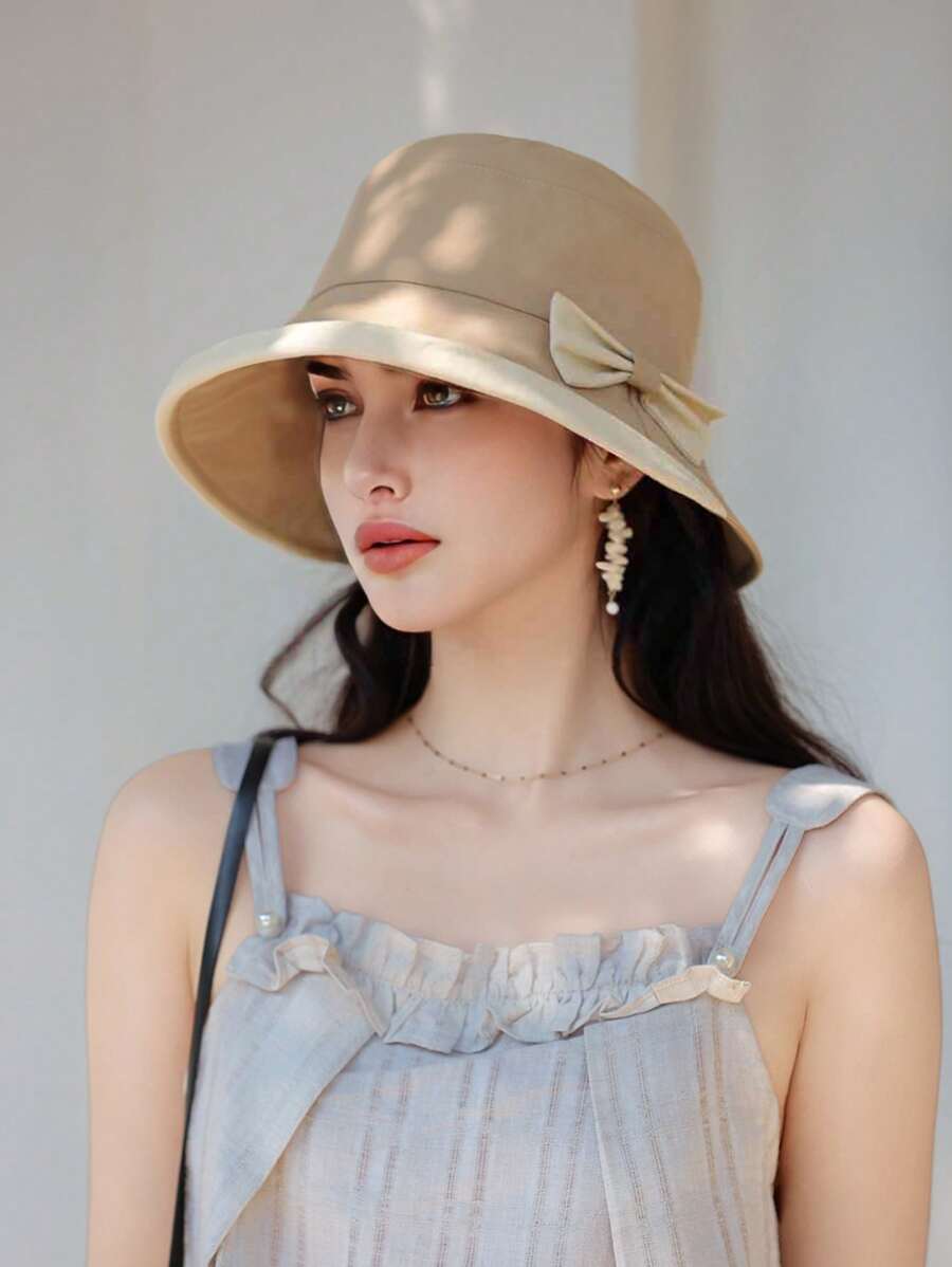 1 pieza Sombrero de cubo de mujer para primavera y verano, diseño elegante y versátil con lazo, protección solar de ala ancha, apto para salir, ir de compras, viajar