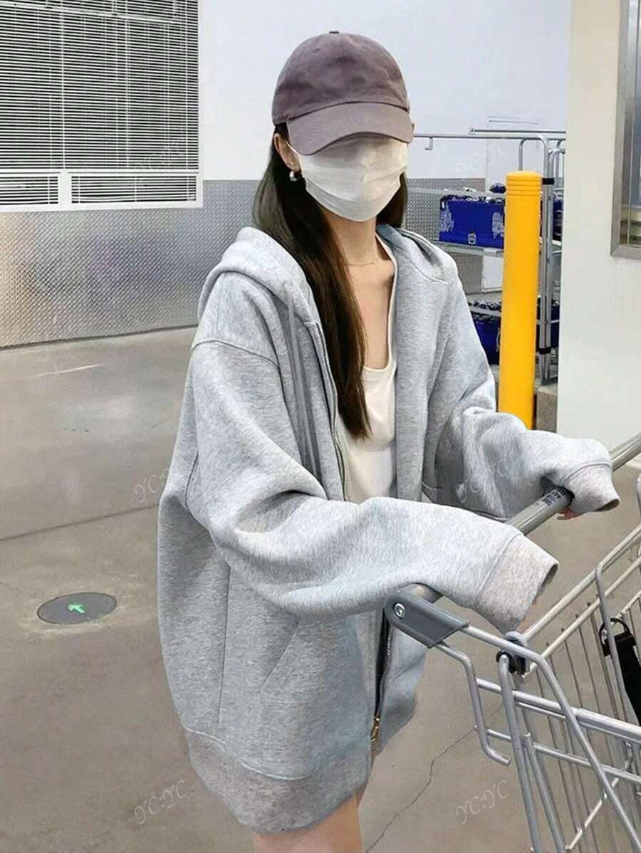 Women Casual Plain Color Drawstring Hooded Loose Jacket, Long Sleeve