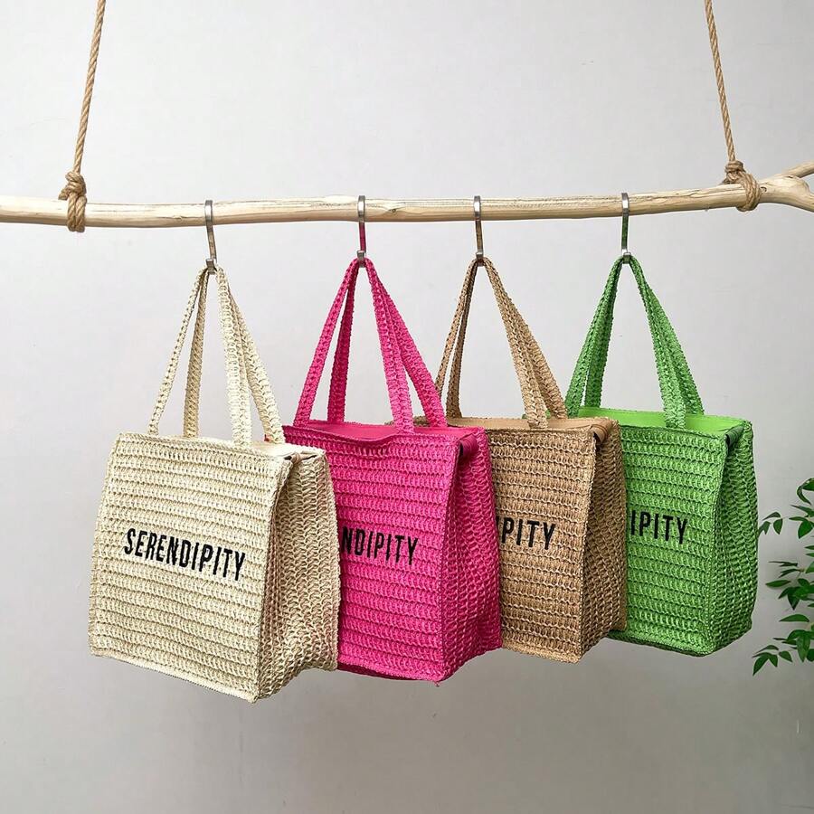 Fashionable, Versatile Solid Color Letter Print Tote Bag, Suitable For Vacation, Travel, Shopping, Simple And Casual With Large Capacity For Women