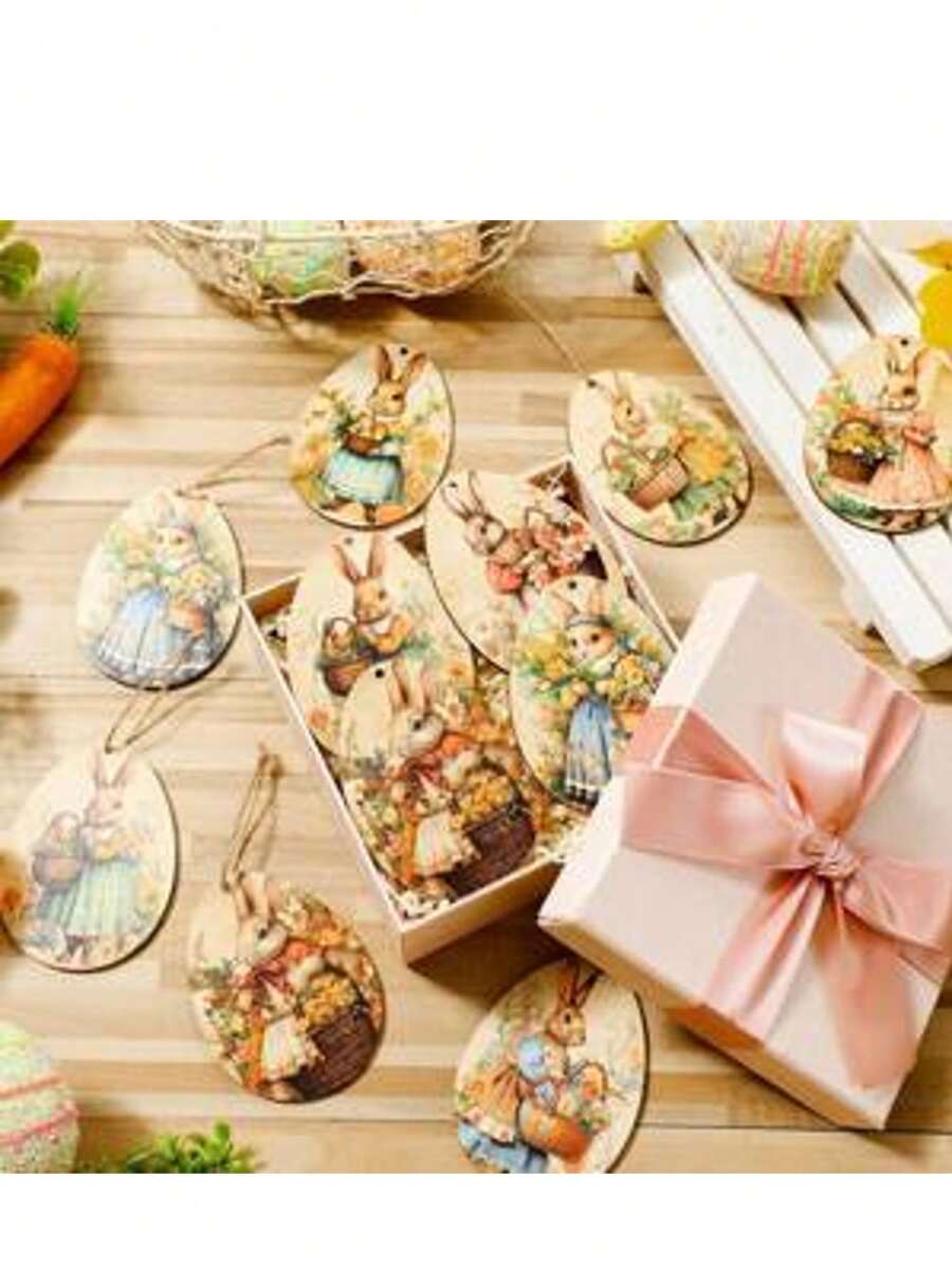 12 paquetes Adornos vintage tipo huevos de conejo, huevos de conejo de madera calada, decoraciones de fiesta de primavera, adornos de árbol festivos, accesorios de jardín de temporada, atrapasueños para decoración del hogar, sin necesidad de electricidad