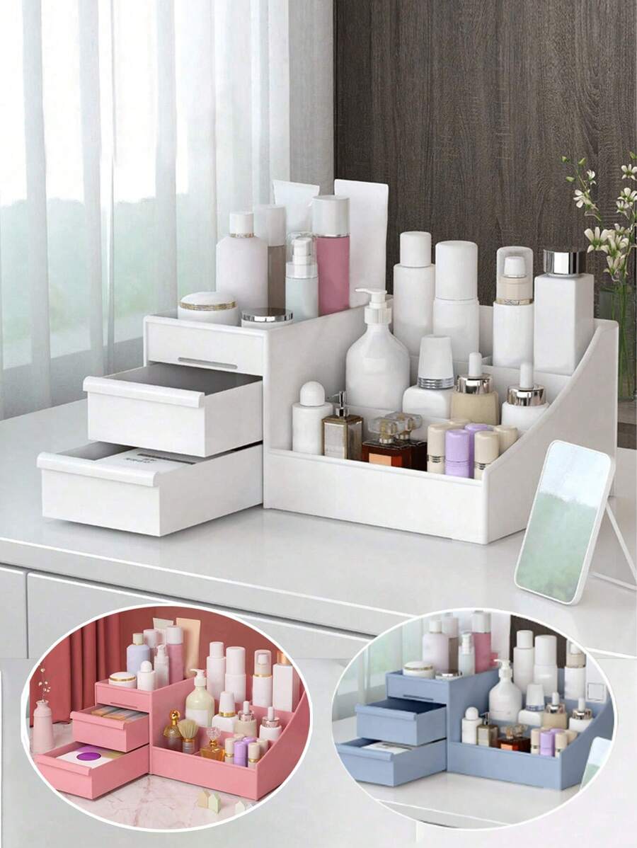 1pc Cosmetic Storage Box, Waterproof Dust-Proof Jewelry Storage Box, Suitable For Vanity Table, Dressing Table, Cosmetic, Nail Polish, Lipstick, Eyeshadow Brush, Makeup Foundation, Essence, Lotion, Holiday Gift, Birthday, Wedding, Desk, Shelf, Living Room Decor, Travel Accessories, Gift Bag, For Mom, Dad, Man, Friend