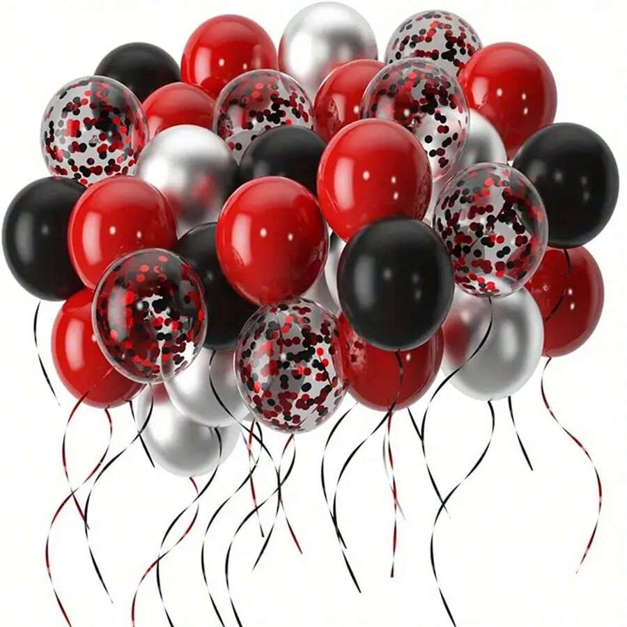 40pcs Multicolor Confetti Balloons Set, Black/Red/Silver, Suitable For Wedding, Birthday, Anniversary, Graduation, Festival, Celebration, Indoor & Outdoor Decor, Party Supplies Gifts Birthday Decorations Party Decorations Bachelorette Decor Graduation Decorations Summer Beach Back To School School Supplies Room Decor