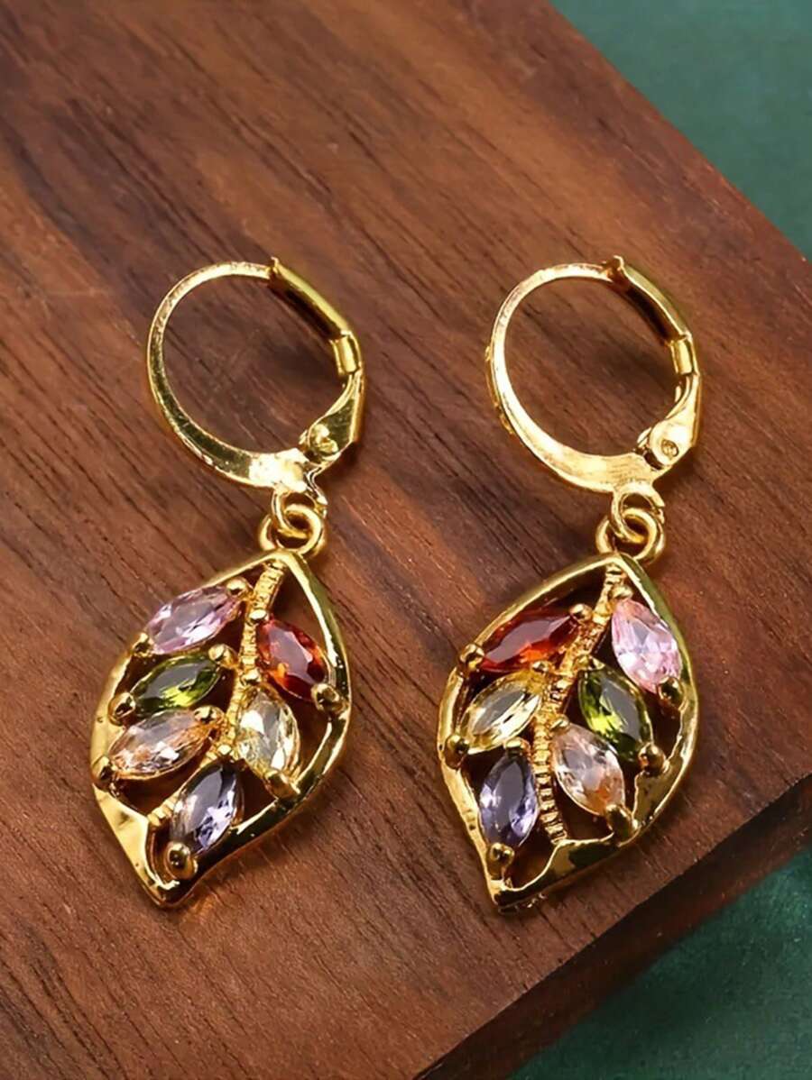 1 Pair Of Creative Leaf Sparkling Colorful Leaf Earrings, Party And Birthday Gifts, High-End Retro Color Matching, Women's Earrings, Wedding Earrings