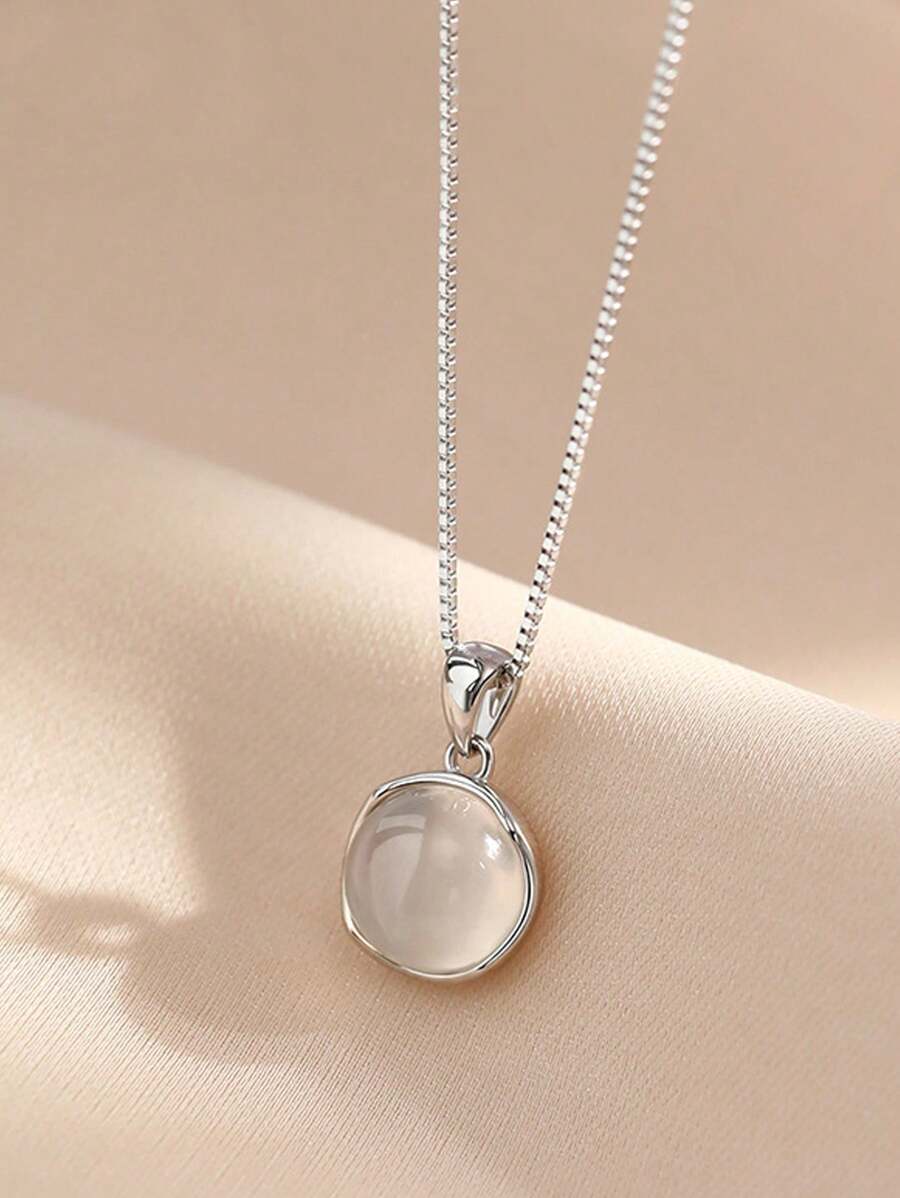 1pc S925 Minimalist Chic Niche Exquisite Geometric Circle White Agate Necklace, For Women Daily Wear, Gift