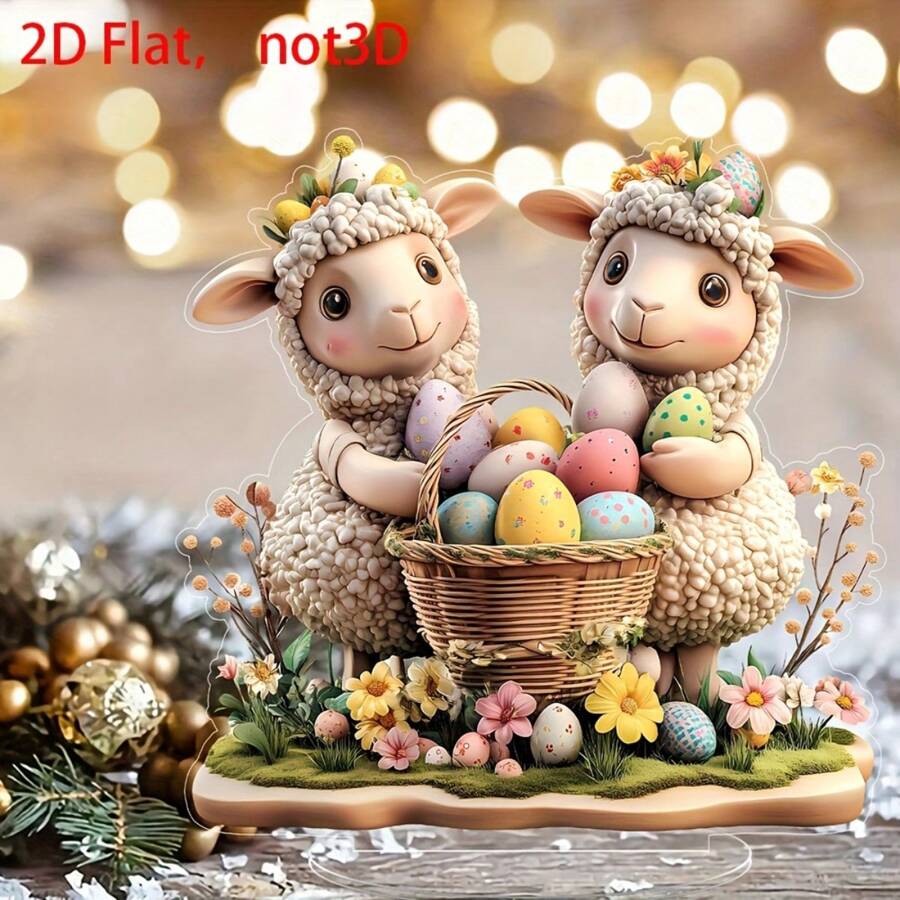 2D plat, 2D plat acryl paaslam en eiermand decor - schattig lam en kleurrijke paaseieren, helder harsbeeldje geschikt voor vakantie, verjaardag of afstudeercadeau, geweldig voor vakantietafeldisplay, lam decor