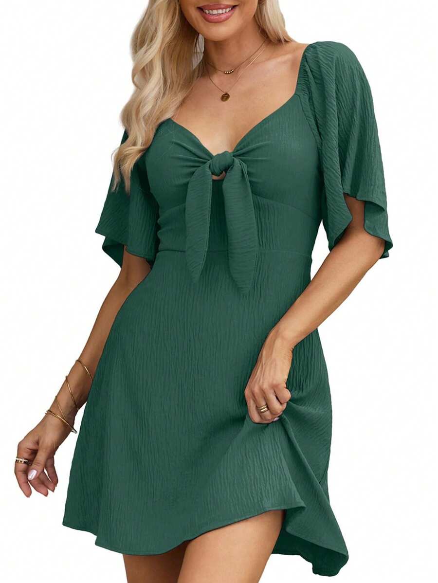 Robe décontractée pour femmes à col en V profond, nouée devant, à manches courtes