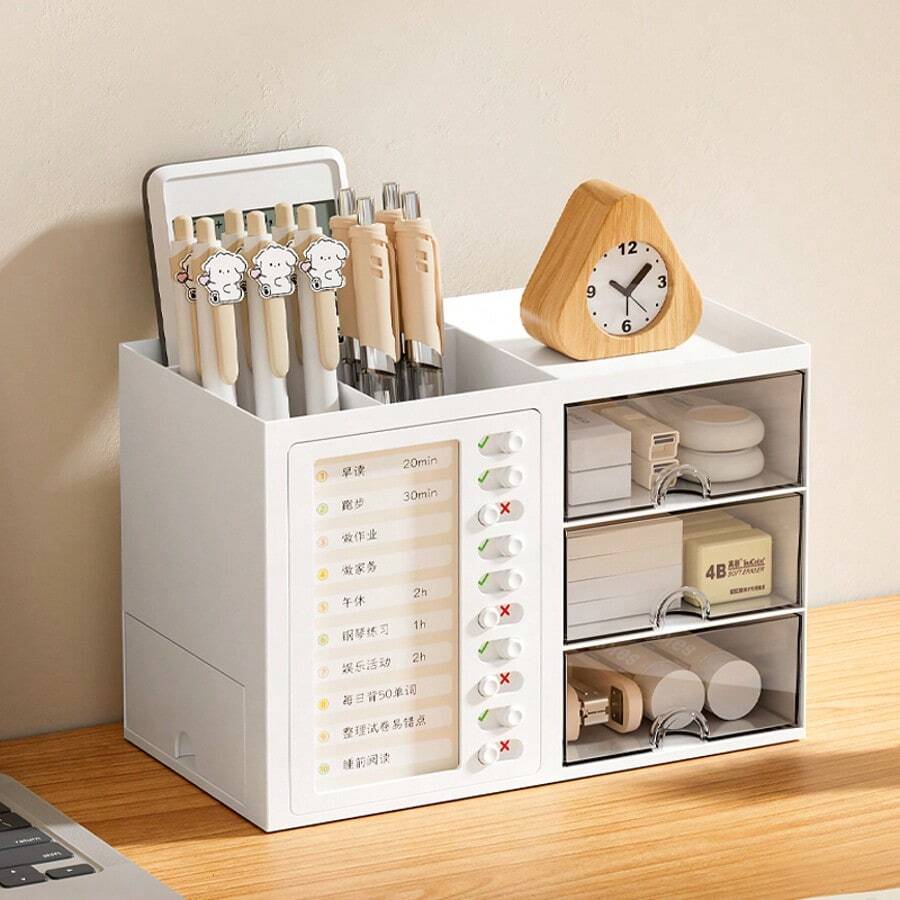 Space-Saving Self-Discipline Desktop Organizer | Plastic Storage Box With Motivational Tracker | Perfect For Student Dorms & Office Desks | Organize Stationery, Track Goals & Maximize Workspace Efficiency