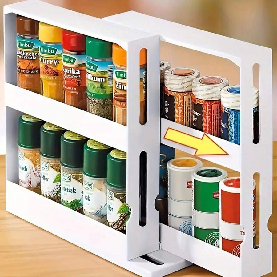 Estante compacto giratorio de 90 grados de 2 niveles para almacenamiento de especias en encimera, perfecto para la cocina, el baño, la oficina en casa y la organización del hogar - Suministros esenciales para el hogar para una vida libre de desorden