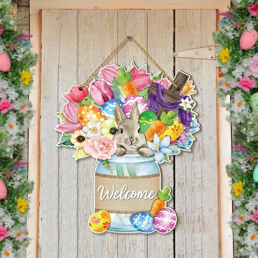 1Pc Easter Welcome Wooden Wall Hanging Plaque Sign Easter Bunny Cross Door Sign Wreath Decor For Spring Easter Indoor Outdoor Home Farmhouse Porch Decorations,Rustic Wood Front Door Sign Easter Spring Flower Hanging Wood Sign Easter Theme Party Decor